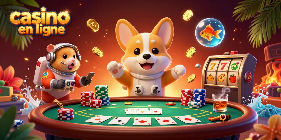 Jouez dans un casino en ligne captivant avec un corgi astronaute et des jetons de poker flottants.