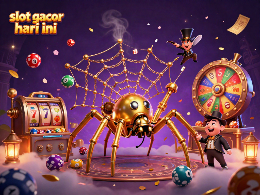 Engage with slot gacor hari ini as a golden spider spins its web amid vibrant gambling elements.