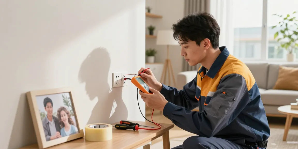 Electrical repair Stevens Point technician inspecting outlet in warm home environment.