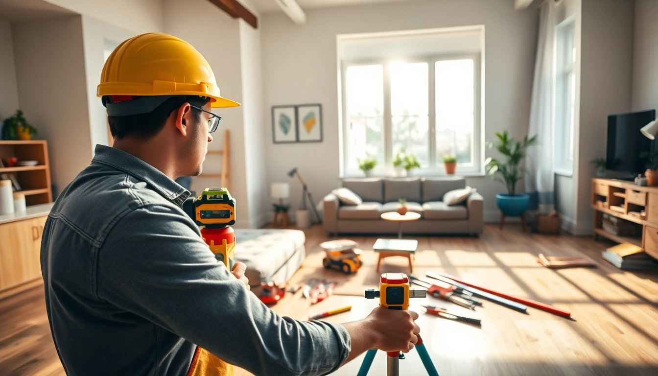Home improvement project showing a contractor measuring a wall with tools in a bright living room.