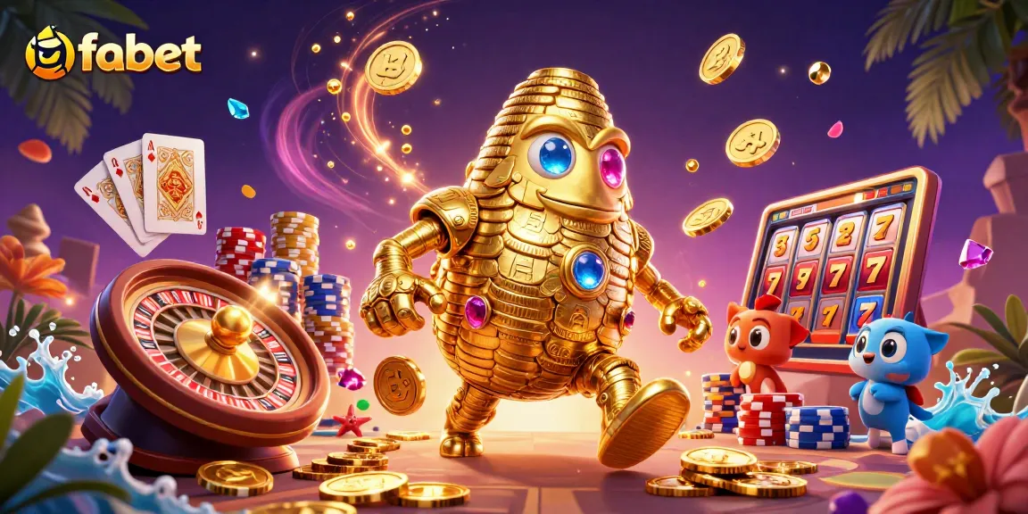 Experience winning moments at fabet with a golden golem, rolling dice, and vibrant casino elements.