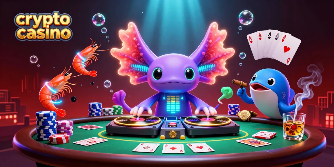 Profitez d'une scène animée de crypto casino avec un DJ axolotl et des créatures dansantes.