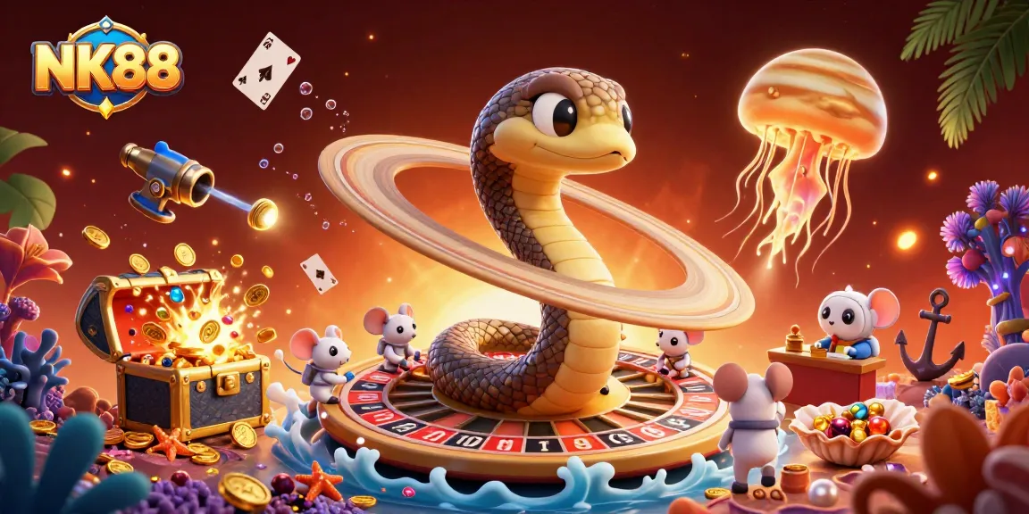 Engage in thrilling bets at NK88 with a cosmic casino scene featuring playful mice and a giant jellyfish dealer.