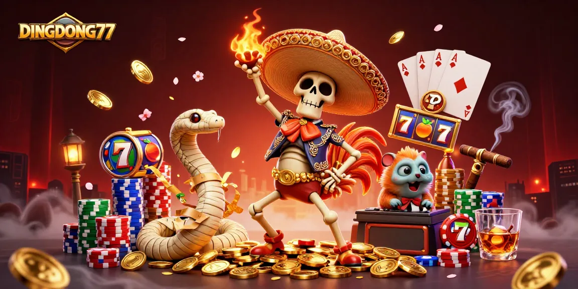 DINGDONG77 showcases a fiesta of thrilling slots with a cartoon mariachi rooster, a mummy snake, and a DJ hamster