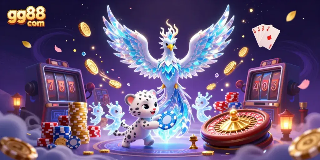 Experience the vibrant gaming world of gg88 com with an ice phoenix, poker elements, and dazzling coins.