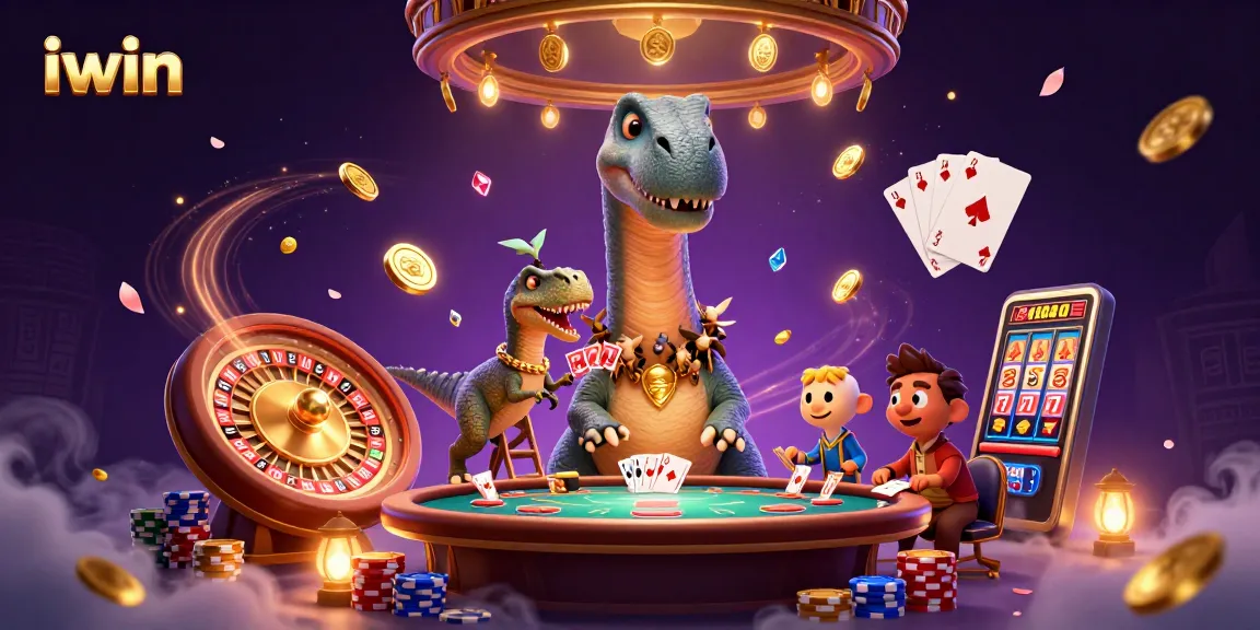iwin showcases vibrant casino excitement with a towering brontosaurus dealer and sparkling gems.