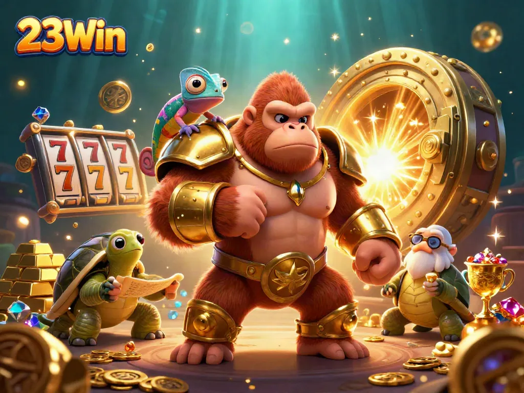 Experience thrilling jackpots with 23Win's vibrant casino adventure featuring animated characters and sparkling treasures.
