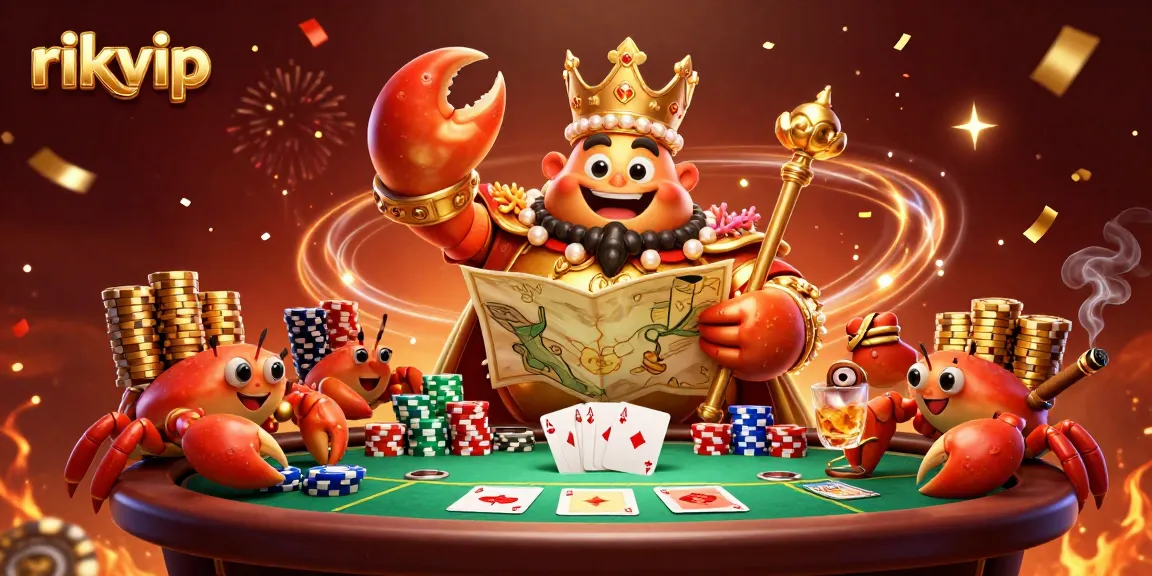 Experience rich gameplay at rikvip with a majestic crab emperor surrounded by poker chips and cards.