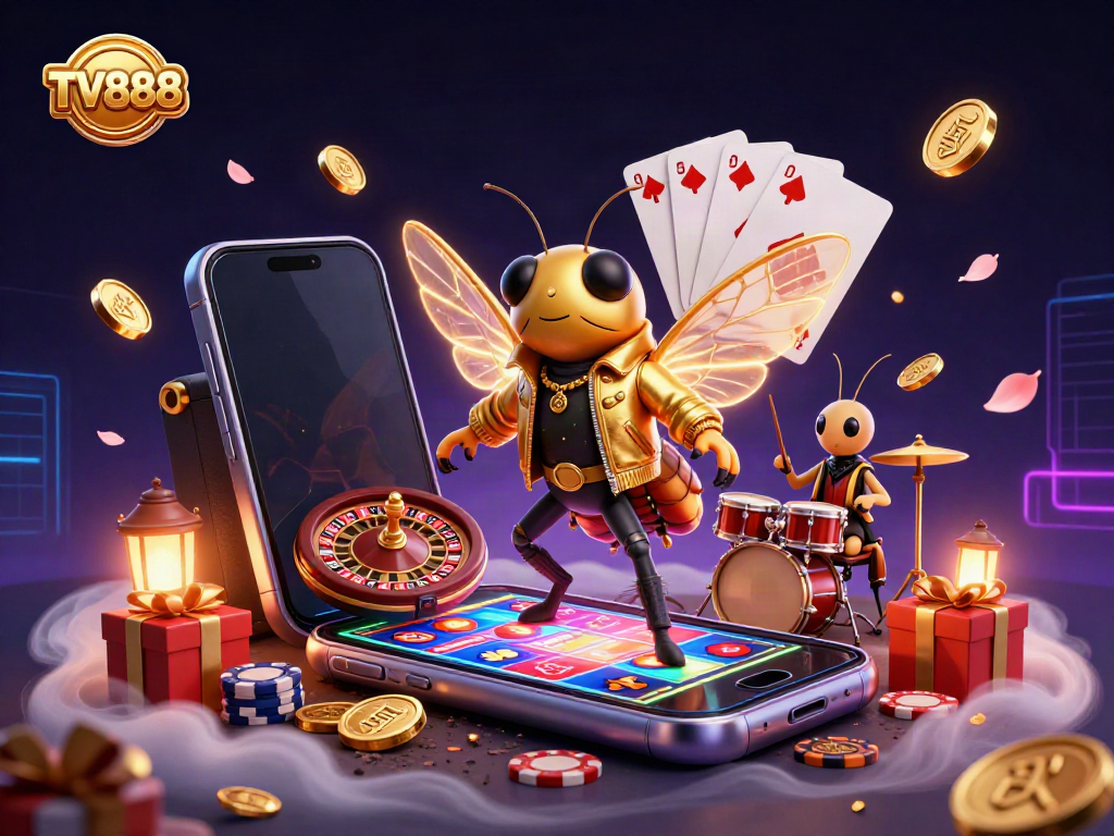 Experience the vibrant action of TV888 with a cartoon rock star and dynamic slot game elements.