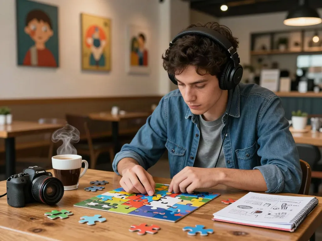 Engaging scene of a person solving TwistLogic puzzles in a cozy coffee shop.
