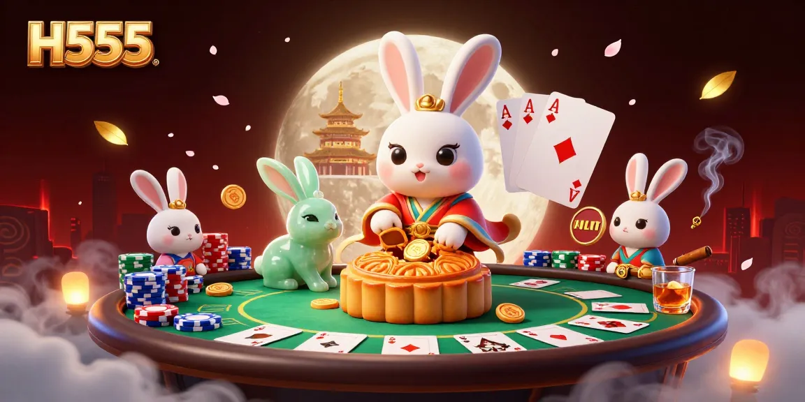 Experience thrilling H555 gaming with a moon rabbit creating poker chips in a vibrant, action-packed scene