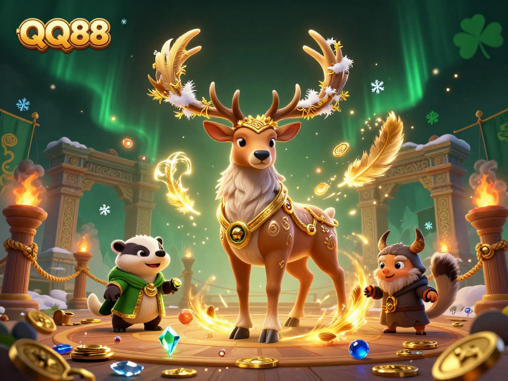 Engage in epic gaming adventures at QQ88 with vibrant casino elements and mystical characters.