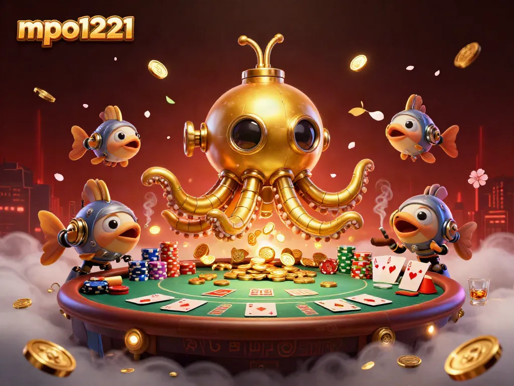 Experience the thrill of mpo1221's gaming world with a vibrant illustration of the kraken submarine and poker elements.