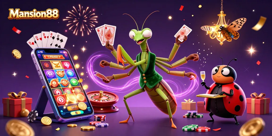Mansion88's dynamic casino scene with a giant praying mantis card sharp, ladybug pit boss, and vibrant slot game elements.