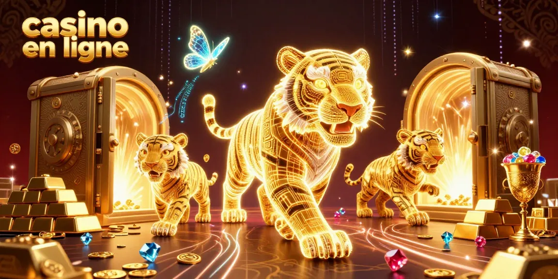 Casino en ligne avec un tigre doré énigmatique dans un paysage vibrant, révélant des trésors.