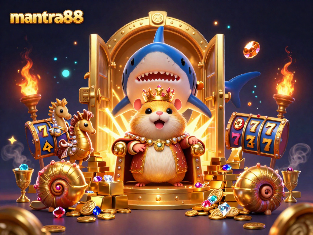 Experience winning with mantra88 through a thrilling 3D illustration showcasing gold treasures and gaming excitement.
