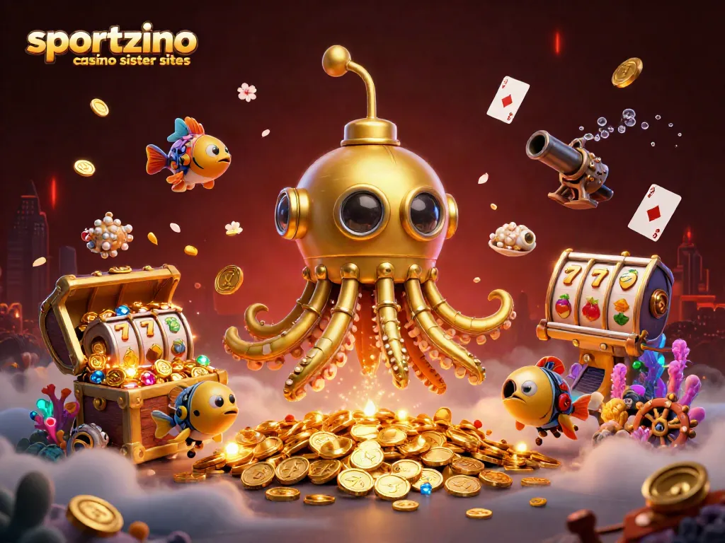 Play exciting games at sportzino casino sister sites with fun slot reels and mechanical fish.