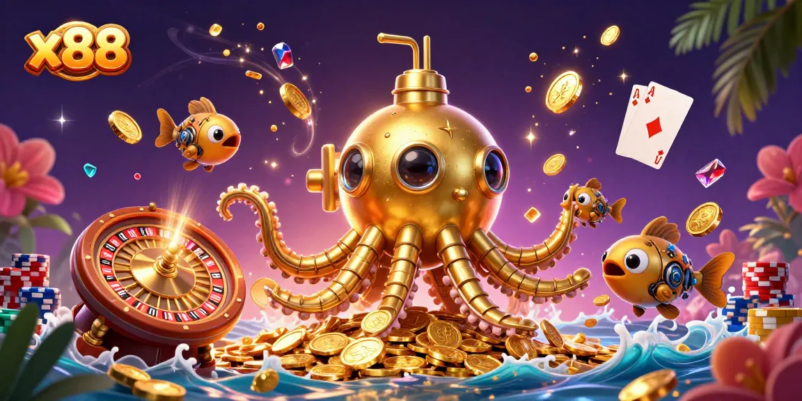 Experience the thrill of x88 with a golden kraken submarine amidst swirling casino games and gems.