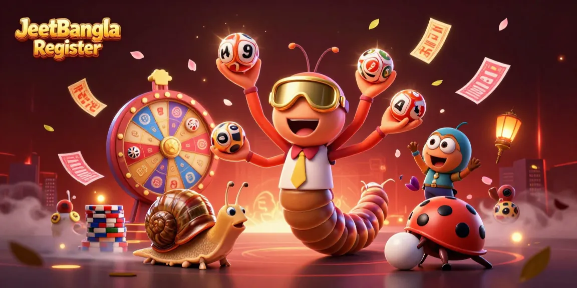 Engage in lotteries with JeetBangla Register, featuring a whimsical scene of characters interacting with vibrant lottery elements.