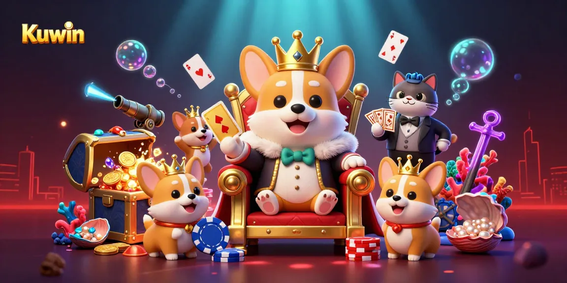 Kuwin offers vibrant gaming action in a 3D underwater casino scene filled with royal corgis and treasures.
