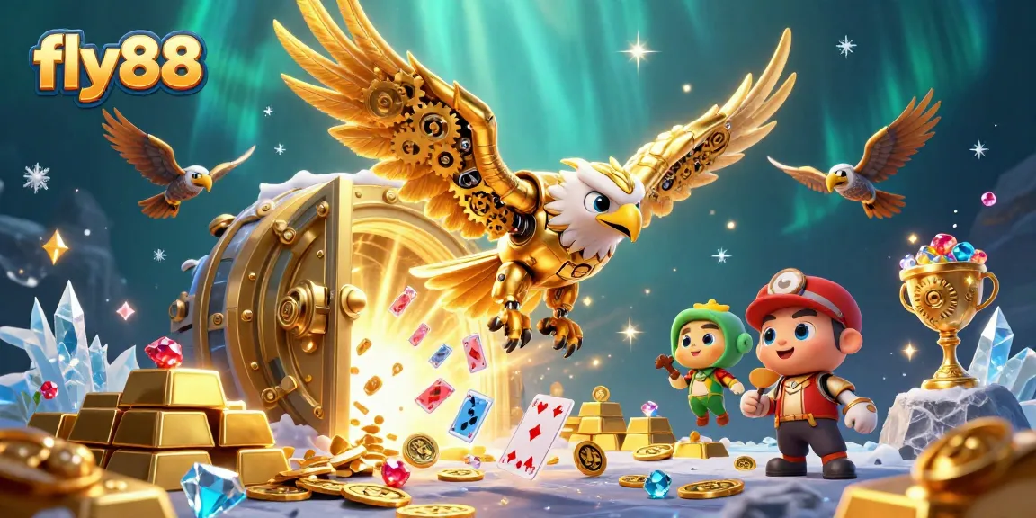 Experience the thrill of fly88 with a cybernetic eagle amidst dazzling casino treasures.