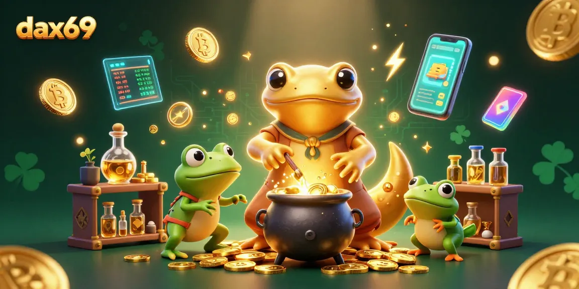 Menghadirkan aksi dapur emas dax69 dengan alchemist emas, pelajar katak, dan koin kripto berkilau
