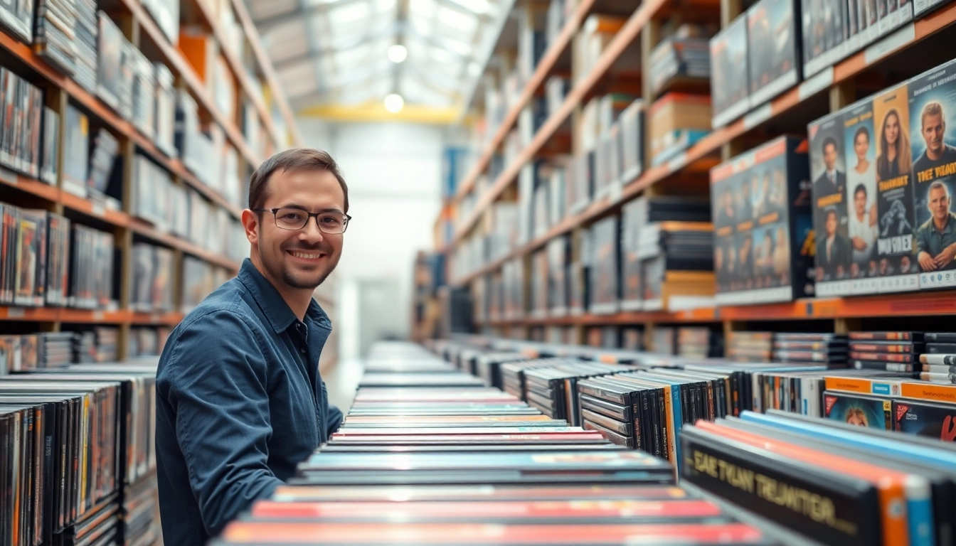 dvd distributor organizing a vast selection of DVDs and Blu-rays in a modern warehouse setting