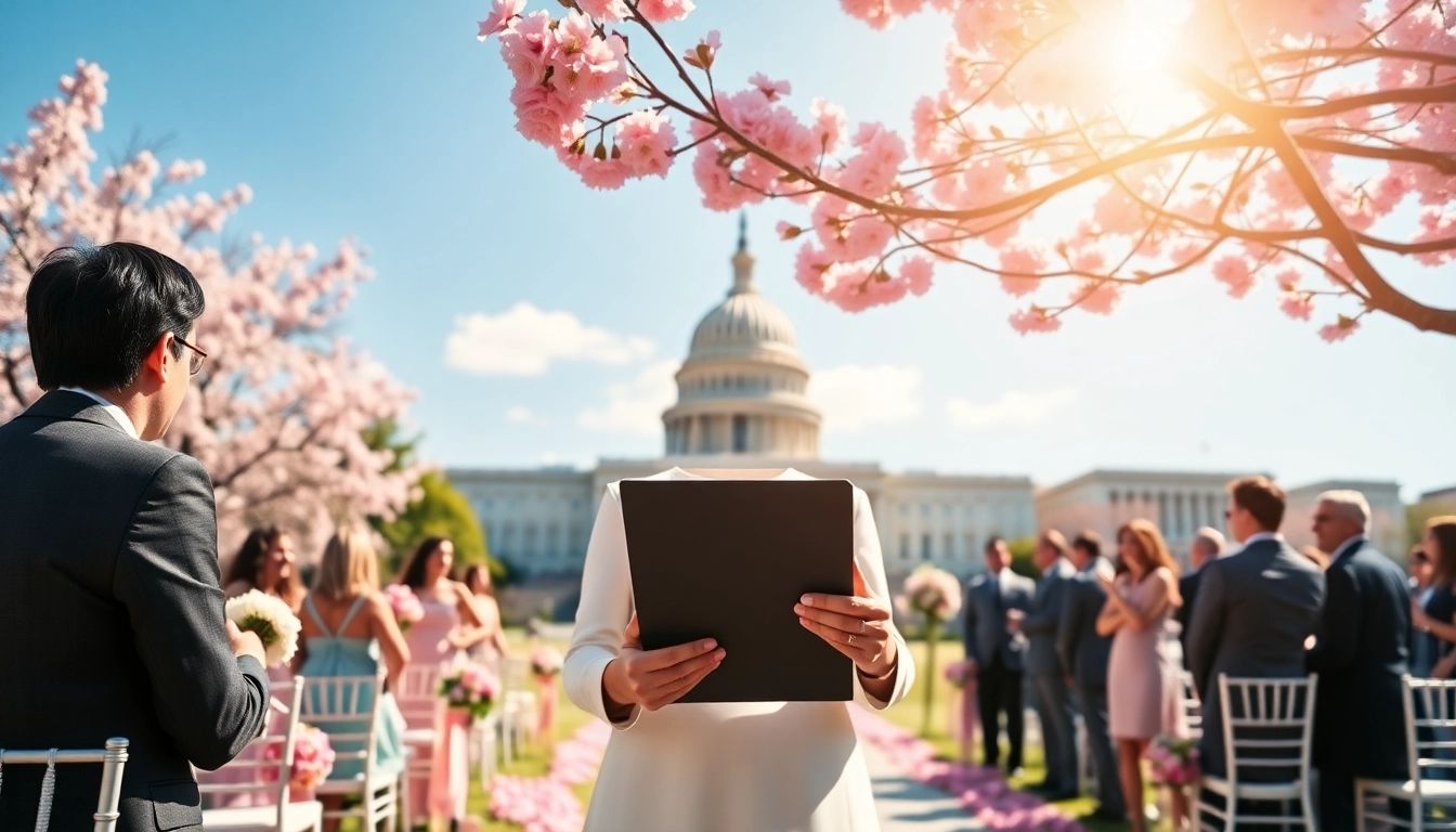 Engaging Washington dc wedding coordinator assisting a couple amidst a scenic backdrop of DC highlights.