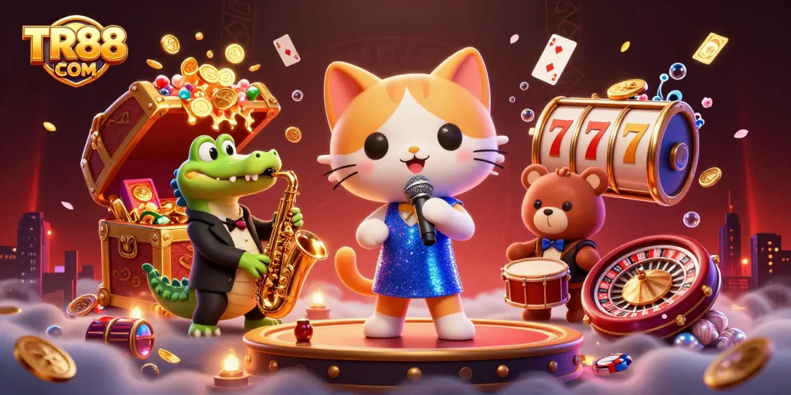 Experience excitement and wins at TR88 COM with this vibrant casino illustration showcasing thrilling games and dynamic characters.