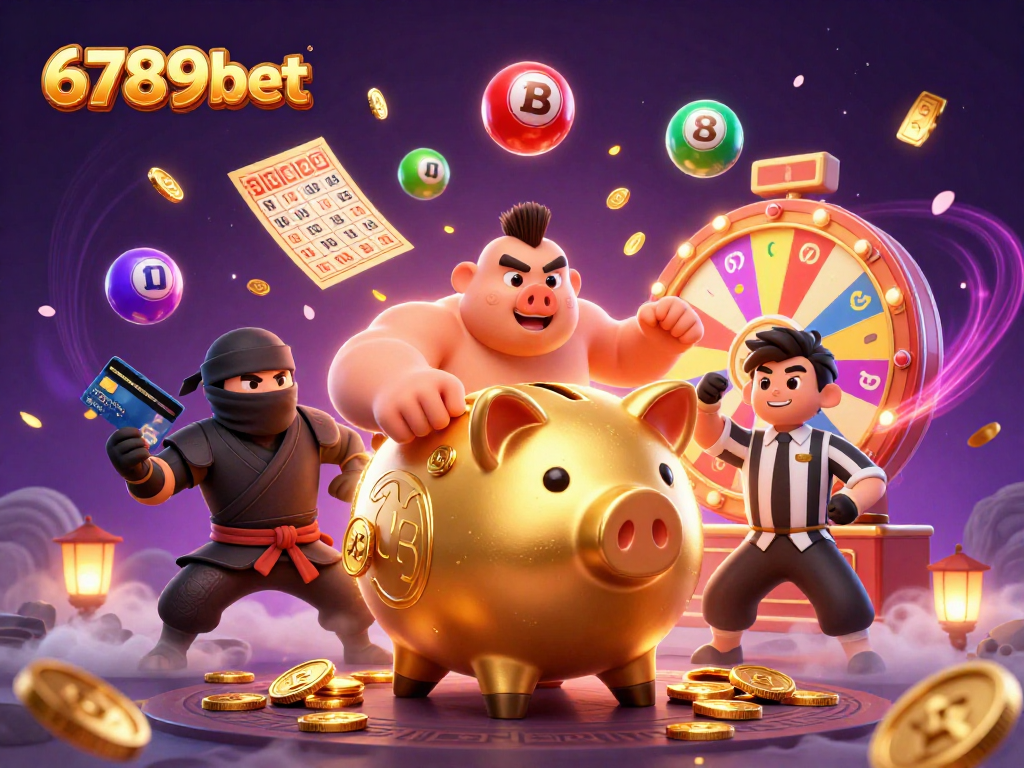 Engaging 6789bet scene with a golden piggy bank sumo wrestler and dynamic game elements.
