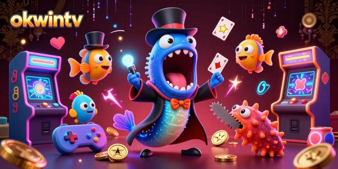 Experience thrilling blackjack and card tricks with okwintv's dynamic gaming illustration featuring animated sea creatures.