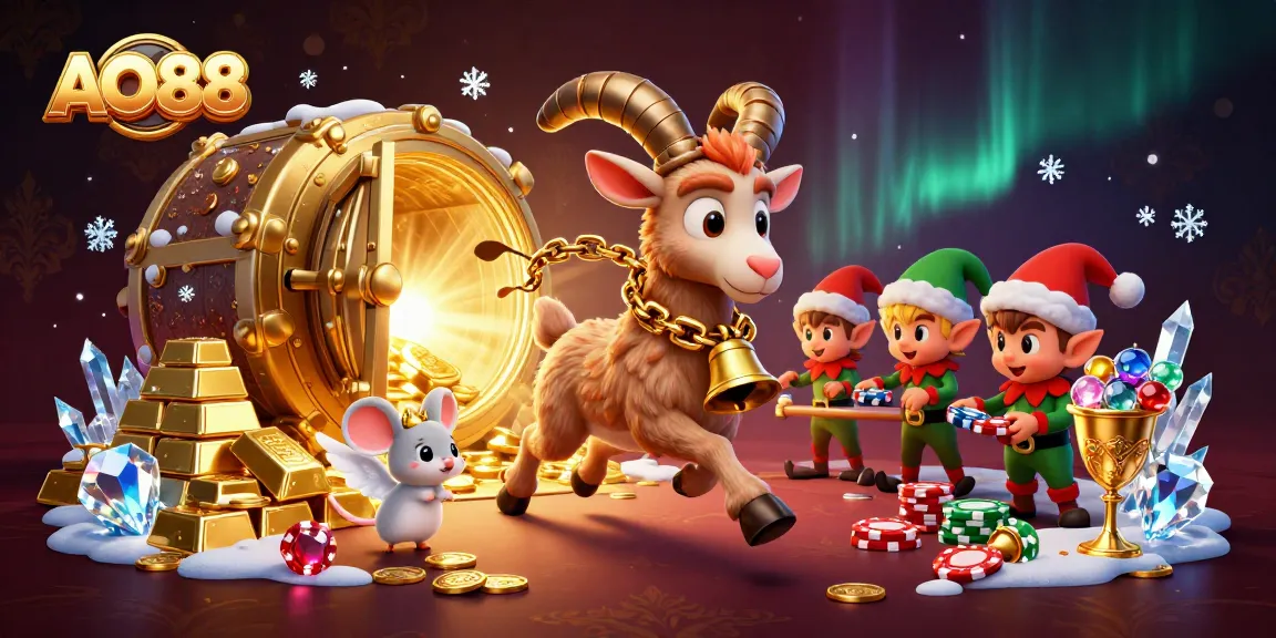 Experience the festive chaos of AO88 casino with a Krampus goat and mischievous elves stealing poker chips.