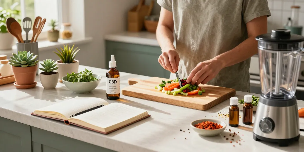 sg lana vape products displayed in a bright kitchen with fresh herbs and CBD oil promoting natural wellness.