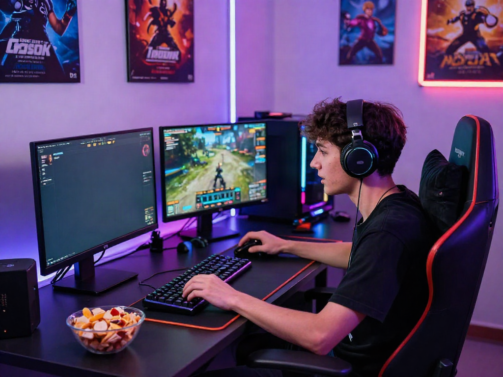 Người chơi vvwin vui vẻ tham gia trò chơi trực tuyến tại bàn chơi game hiện đại.