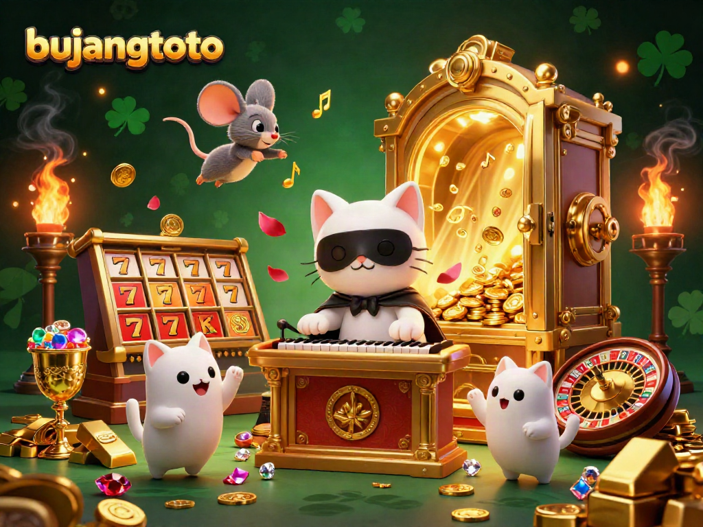Bujangtoto showcases vibrant casino action with engaging characters at a slot machine and dazzling jewels.