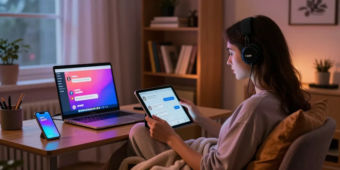 AI sexting in a cozy home office with digital communication devices and intimate atmosphere.