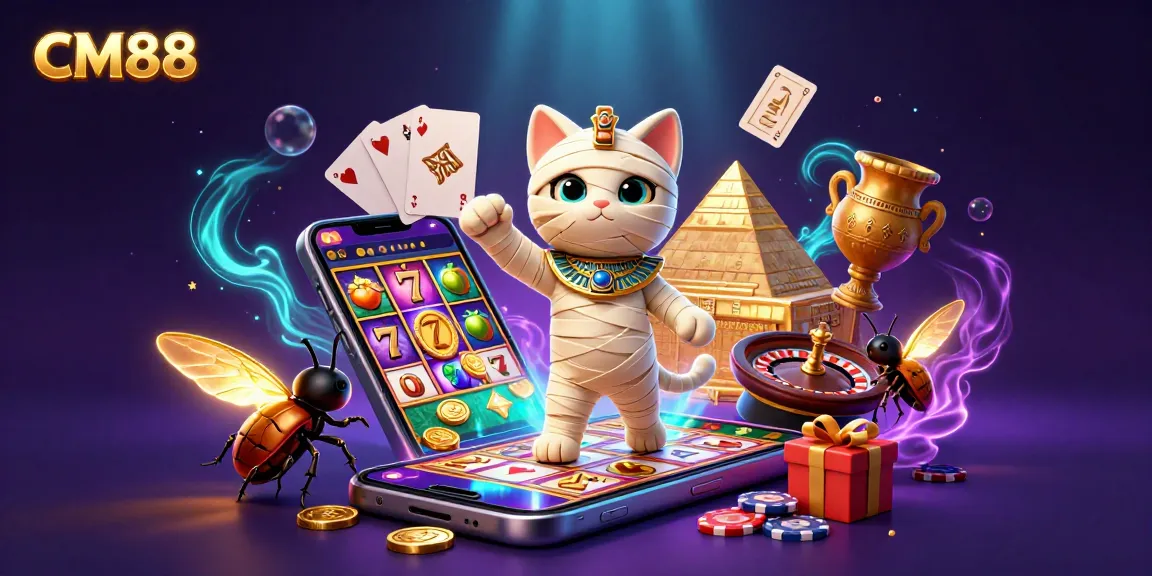 Engage with CM88's vibrant 3D illustration showcasing an Egyptian mummy cat before a colorful slot game.