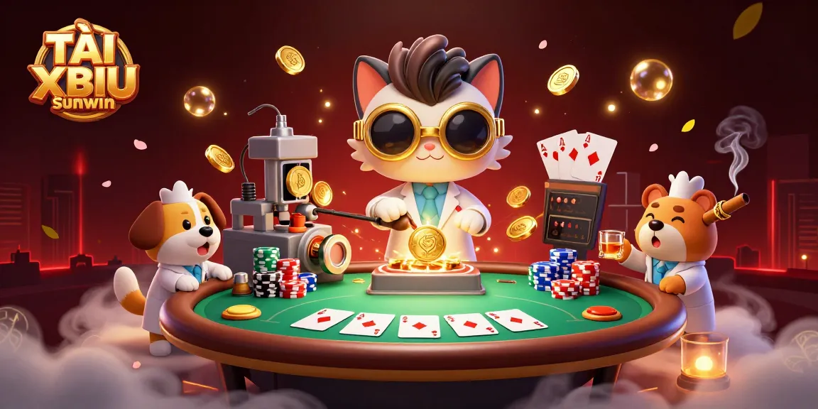 TÀI XỈU SUNWIN showcases a lively scene with a mad scientist cat and dog at a poker table surrounded by vibrant casino elements.