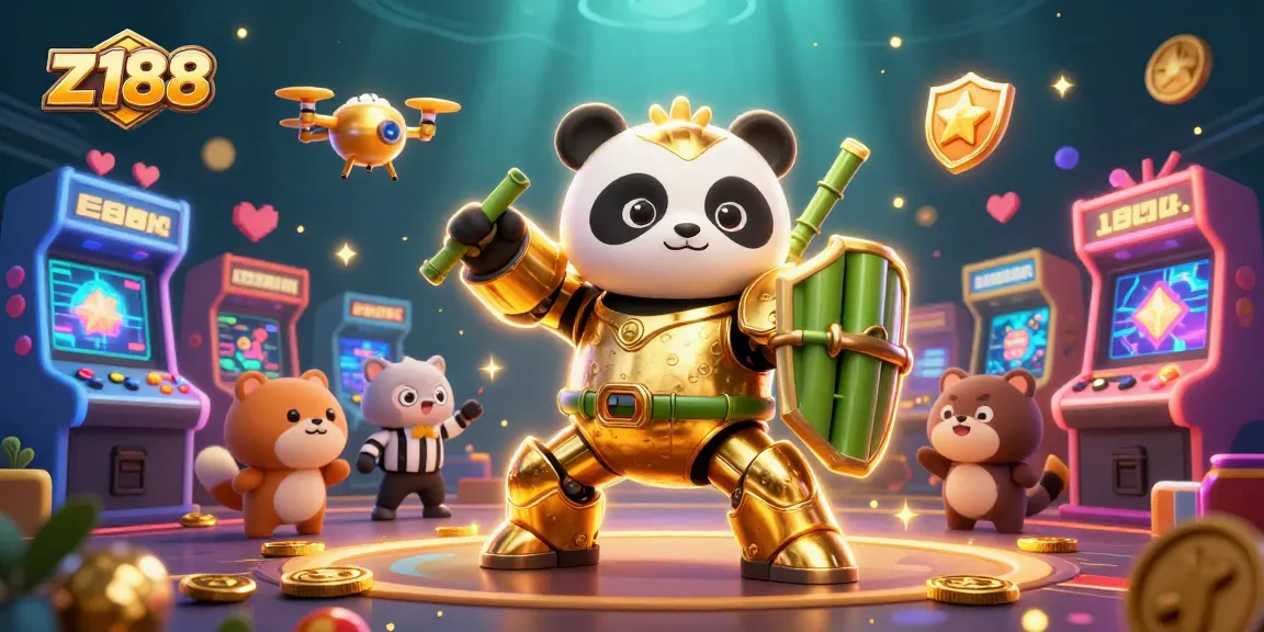 Engage with z188's thrilling casino action featuring a mech-suit panda in a vibrant arcade setting.