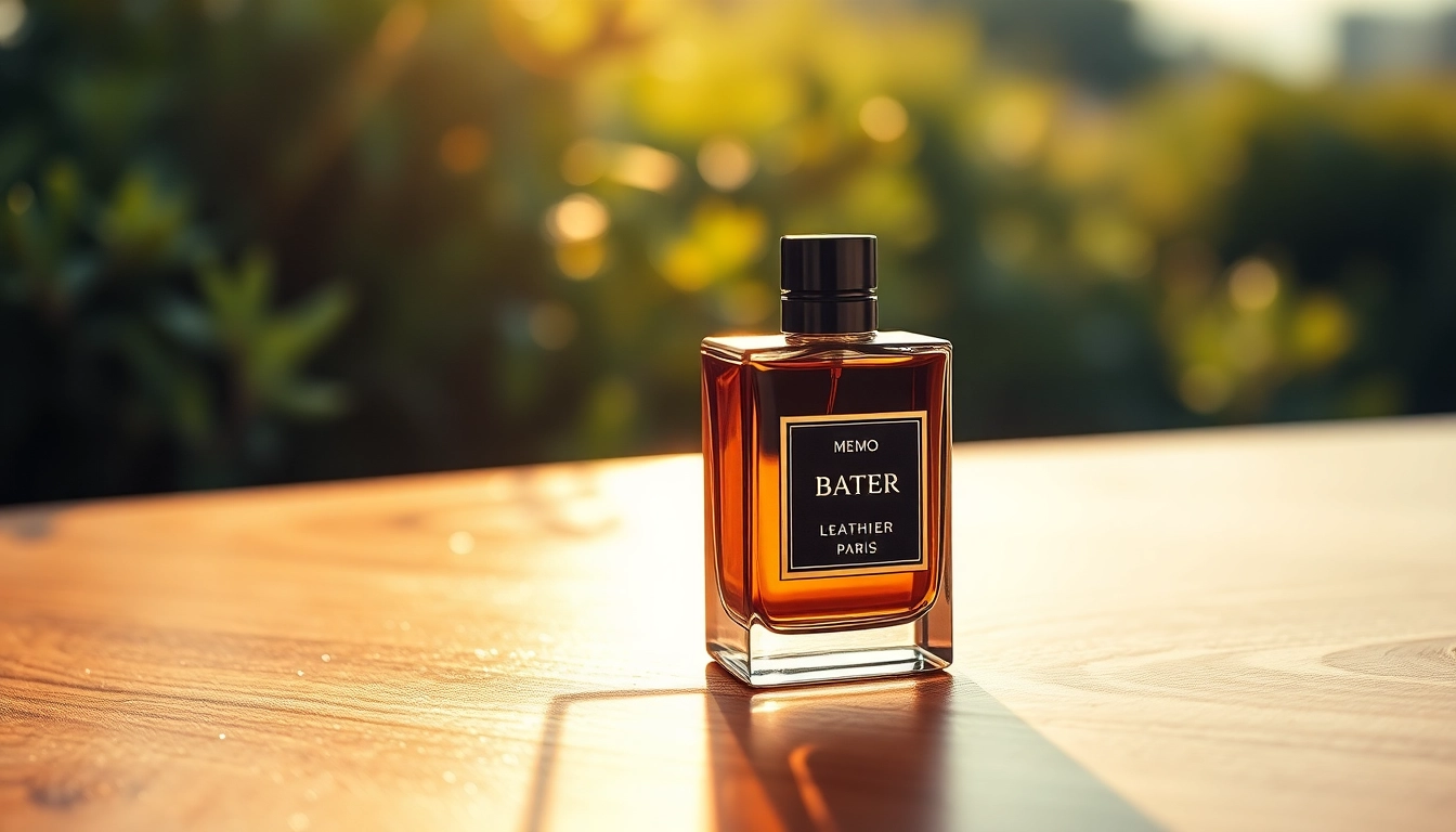 Showcasing a refined memo paris irish leather perfume sample bottle surrounded by lush greenery.