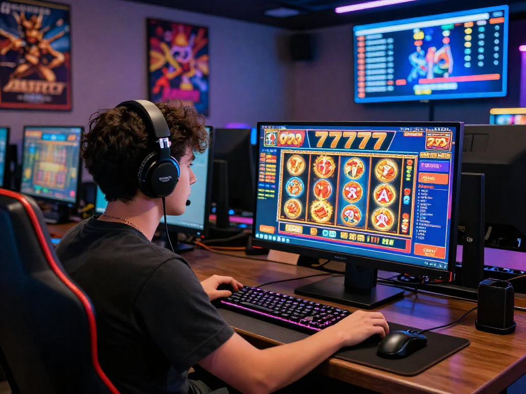 Pemain slot777 yang terfokus pada permainan kasino online yang cerah dan dinamis.
