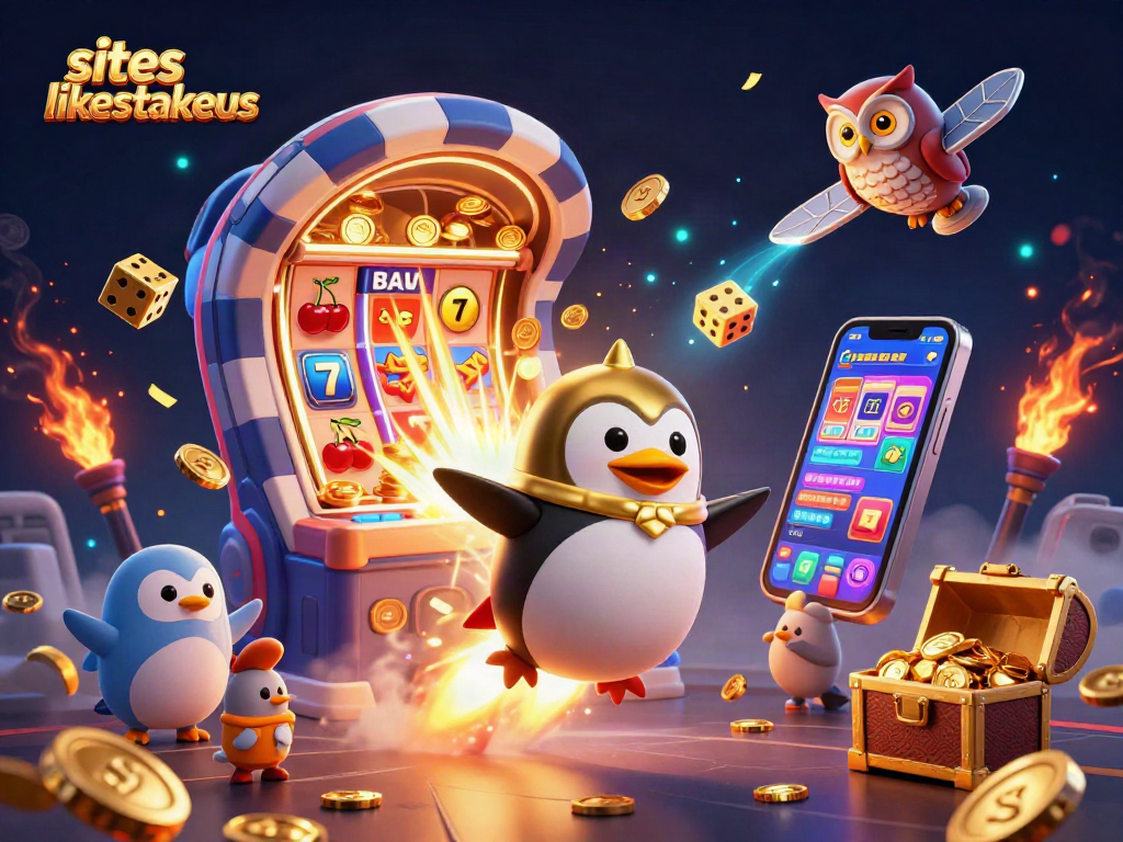 Engage with siteslikestakeus through a vibrant 3D scene showcasing a golden penguin and casino elements.