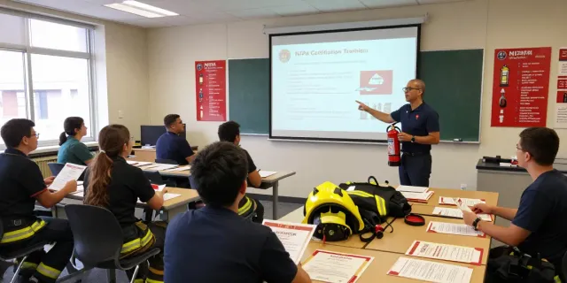 Engaged participants in NFPA Certification Training course with instructor and safety equipment.