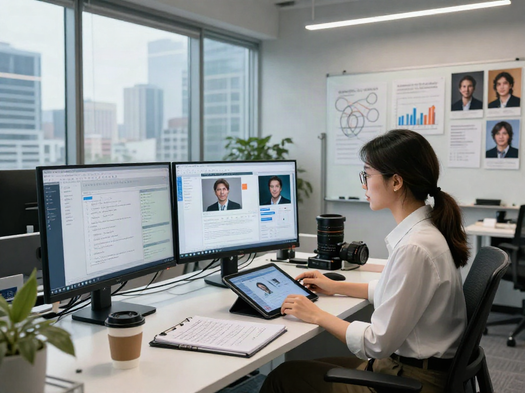 AI Image Detector analysis with a data analyst reviewing AI-generated images in a modern office setting.