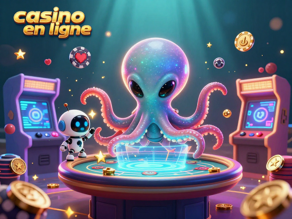 Jouez au casino en ligne avec un octopus alien et un robot dans un univers vibrant.