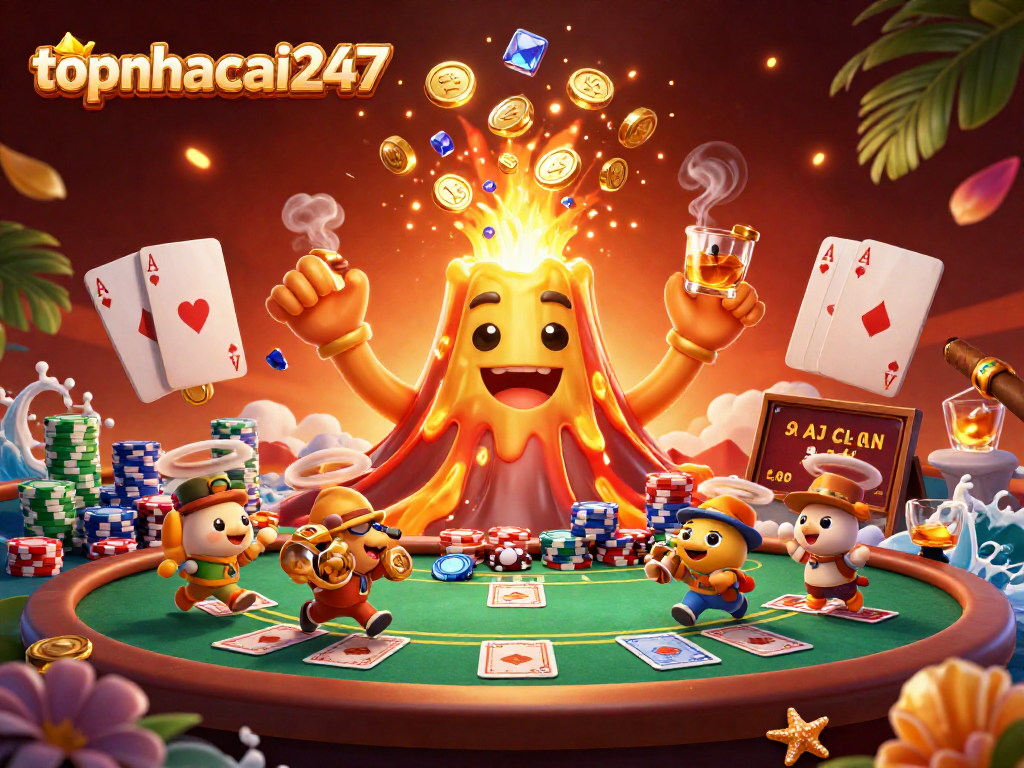 Experience thrilling wins with topnhacai247 as golden treasures erupt from a volcano in this engaging casino scene.