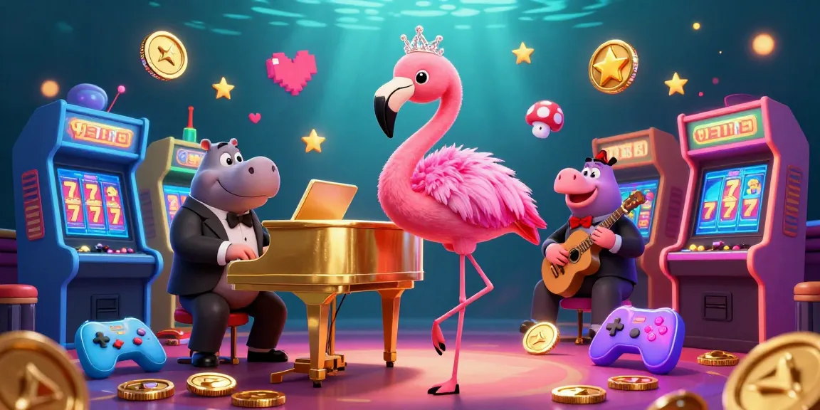 U888 showcases players winning big at a vibrant casino with flamingo singer and hippo bassist.