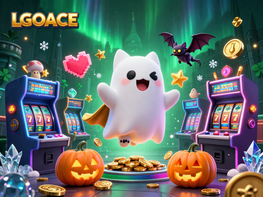 LGOACE showcases a ghost cat and vampire bat in a haunted casino mansion filled with slot machines.