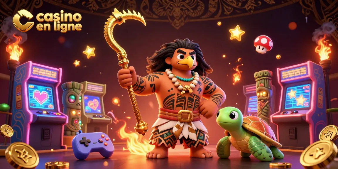 Plongez dans le monde du casino en ligne avec un démigod hawk et une tortue animée entourés de jeux et de lumière.
