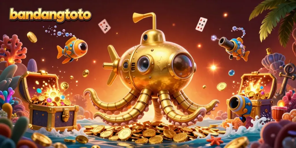 Experience bandungtoto's thrilling gaming adventure with a golden kraken submarine amidst shimmering riches.